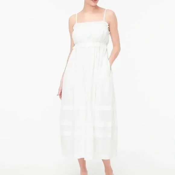 knee length dresses for ladies J. Crew Purple Lilac White Striped Ruffle Trim Lace Tiered Maxi Dress – The  Closet New York